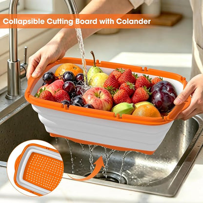 Gintan Camping Cutting Board, 9-in-1 Collapsible Chopping Board with Colander, Kitchen Vegetable Washing Basket for Camping, Camping Gifts Camping Accessories for RV Campers (orange)