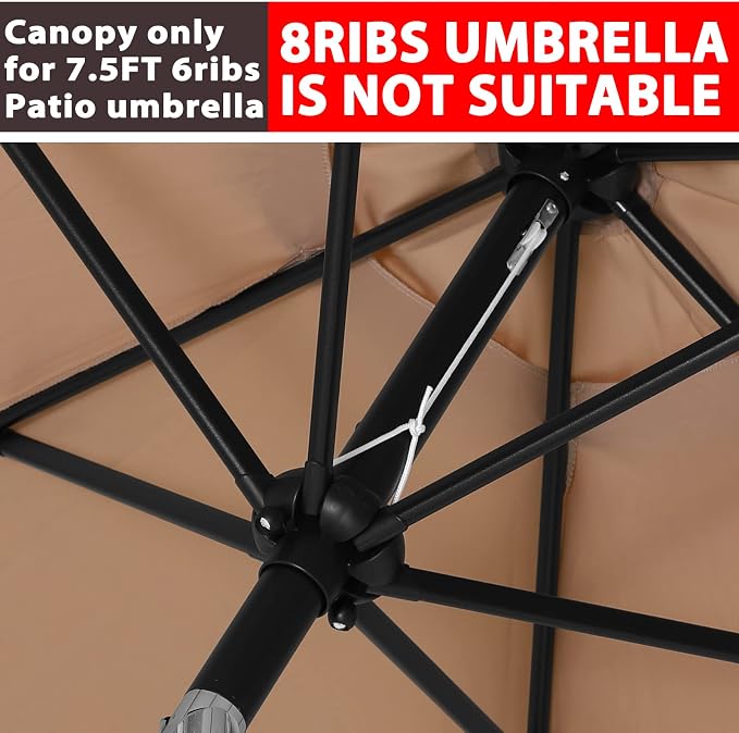 ABCCANOPY 7.5ft Outdoor Umbrella Replacement Top Suit 6 Ribs (Tan) | 1 Year No Fading,Blocks 95% Harmful Rays,Double-Stitch Seams, Easy Install & Storage,Canopy Only,Ideal for Patio, Garden