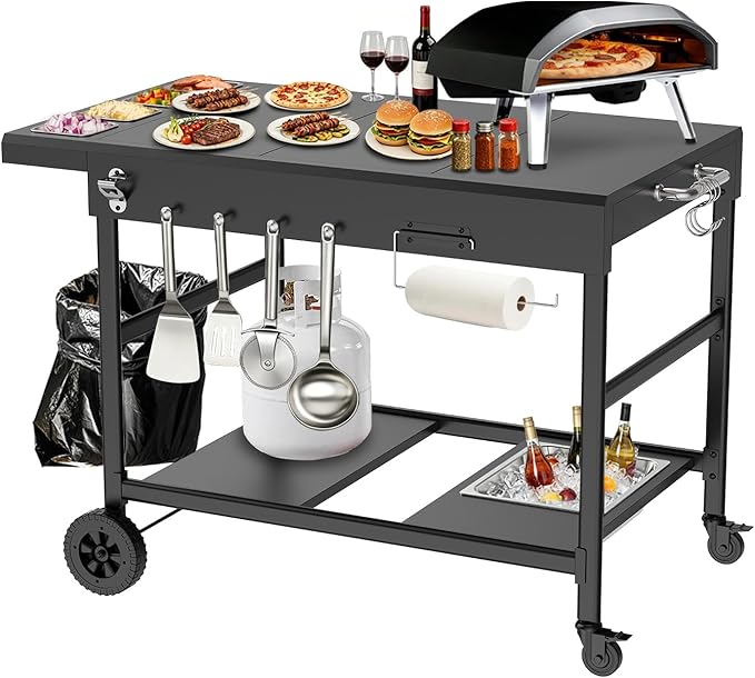 Pizza Oven Table with Topping Station, Outdoor Pizza Oven Cart, Grill Cart for Ninja, Cuisinart, Gozney, Movable BBQ Prep Table Station with Seasoning Tray for Patio, Kitchen, Backyard