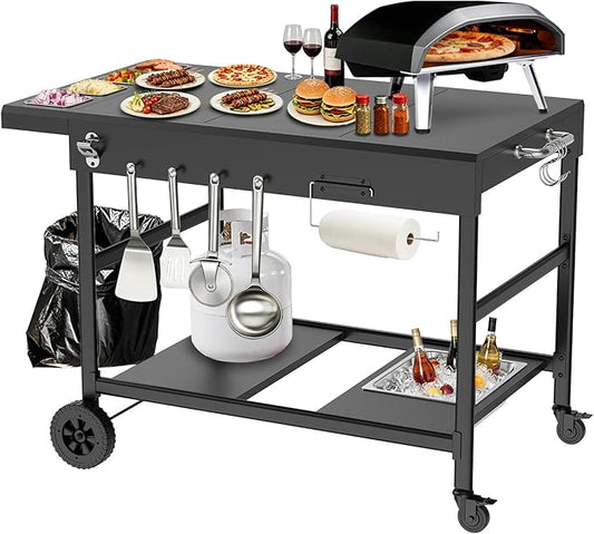 Pizza Oven Table with Topping Station, Outdoor Pizza Oven Cart, Grill Cart for Ninja, Cuisinart, Gozney, Movable BBQ Prep Table Station with Seasoning Tray for Patio, Kitchen, Backyard