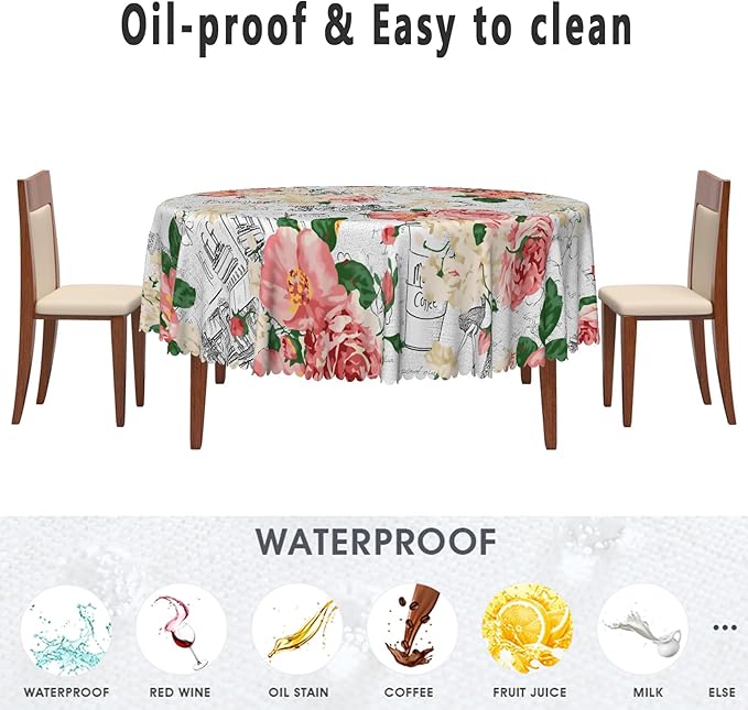 Modern Flowers Tablecloth 70 Inch Circle Vintage Style French Flower Seasonal Washable Wrinkle Free Spill Proof Polyester Wedding Birthday Round Table Cover for Dining Table Farmhouse Kitchen