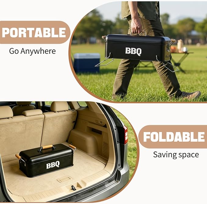 Portable Charcoal Grill 16.5" x 9", Tabletop BBQ Grill with Locking Lid & Wooden Handles for 2-4 People, Travel Size Ideal for Outdoor Camping Picnic, Easy Assembly