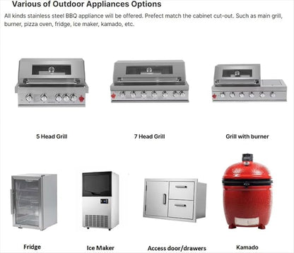 Prefab Modular Outdoor Kitchen, Stainless Steel BBQ Kitchen Island with Integrated Grill, Oven, Refrigerator and Washing Sink, Automatic Lift Door & LED Lights for Patio Backyard Outdoor Entertaining