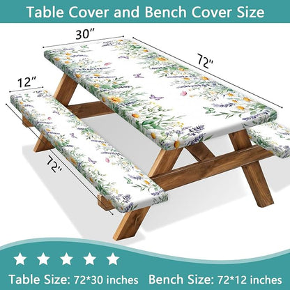 Floral Picnic Table Cover with Bench Covers, Camping Essentials, Leaves Flower Butterfly Waterproof Windproof, Fitted Tablecloth Cover with Elastic Edge, for Indoor, Outdoor, 3 PCS, 30x72 Inch