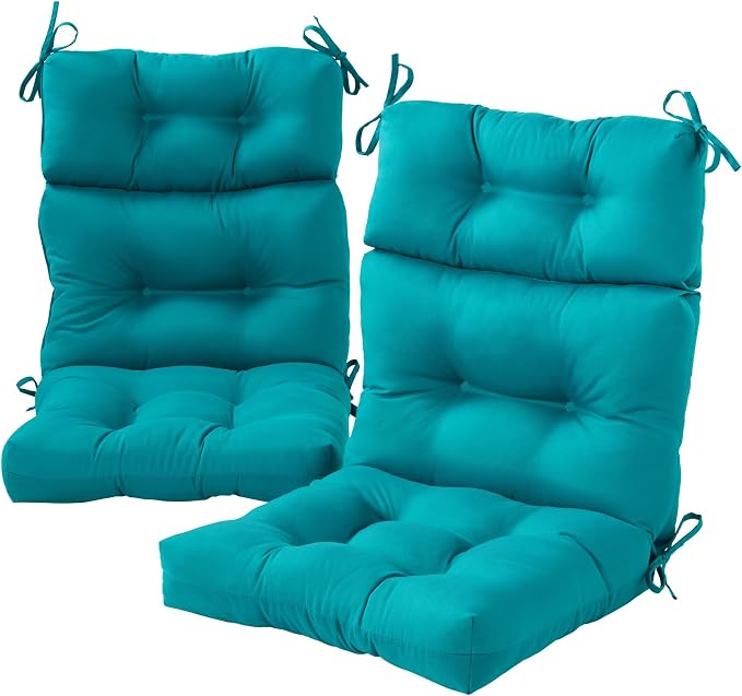 Outdoor Tufted High-Back Chair Cushions, One-Piece Hinged Seat and Back Design, Reversible with 4 Ties, Durable Polyester Fabric, Recycled Fiber Fill - Set of 2, Peacock