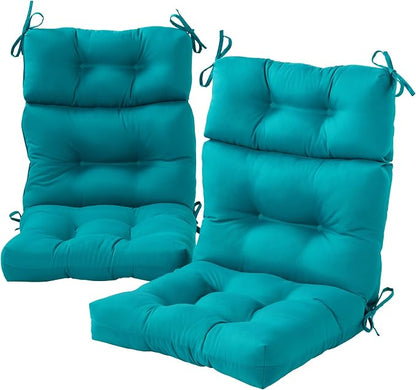 Outdoor Tufted High-Back Chair Cushions, One-Piece Hinged Seat and Back Design, Reversible with 4 Ties, Durable Polyester Fabric, Recycled Fiber Fill - Set of 2, Peacock