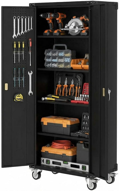 72" Garage Storage Cabinet,High Locking Metal Storage Cabinet with 2 Doors and 4 Adjustable Shelves, Black