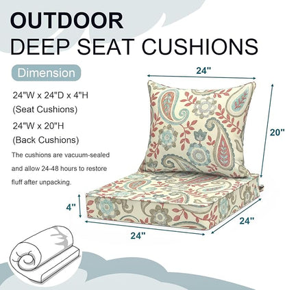 DYTXIII Outdoor Deep Seat Cushion Set, Water Repellent 24"x24" Patio Thick Cushions Replacement with Seat & Back Pillow for Patio Sofa, Wicker Chair, Couch - Paisley Vintage
