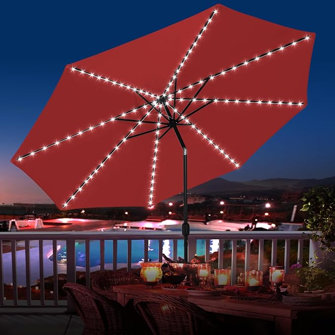 Sundale Outdoor 88 LED 10 FT Solar Patio Umbrella with Base, Red | Sand Bag Umbrella Base, Tilt, Crank, Solar Lights