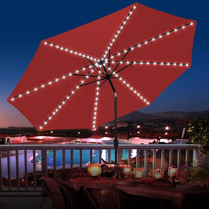 Sundale Outdoor 88 LED 10 FT Solar Patio Umbrella with Base, Red | Sand Bag Umbrella Base, Tilt, Crank, Solar Lights