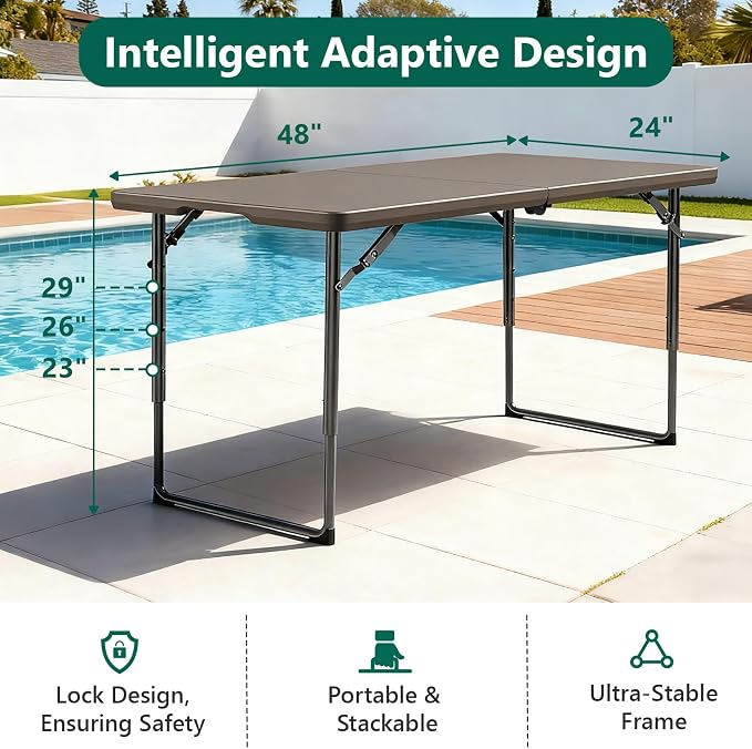Folding Table, 4FT Foldable Picnic Table with Adjustable Height, Heavy Duty Fold-in-Half Portable Table for Weddings, Camping, RV Travel, Parties, BBQs, and Indoor Use, Easy to Fold and Store, Khaki