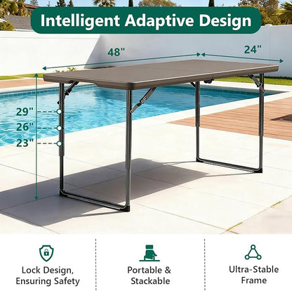 Folding Table, 4FT Foldable Picnic Table with Adjustable Height, Heavy Duty Fold-in-Half Portable Table for Weddings, Camping, RV Travel, Parties, BBQs, and Indoor Use, Easy to Fold and Store, Khaki
