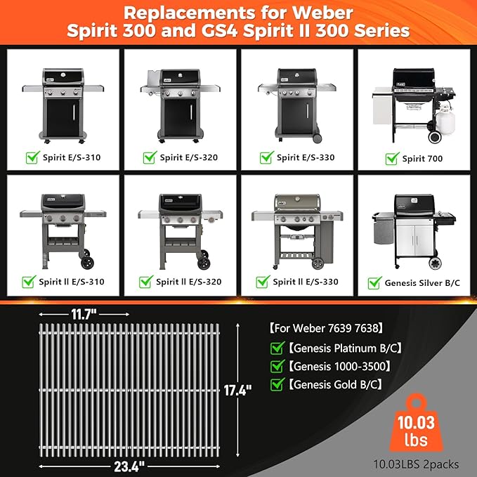 Grill Parts for Weber Spirit E310, Grill Grates for Weber Spirit 300 and GS4 Spirit II 300 Series, Spirit 700, Genesis Silver B & C, Genesis Gold B & C, Genesis Platinum B & C, Genesis 1000-3500