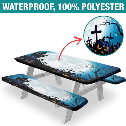 Halloween Picnic Table Fitted Tablecloth Cover, Moon Light Castle Ghost Camping Tablecloth Cover with Elastic Edge for Indoor/Outdoor/Patio, 3Pcs Set, Blue, 72x28 in