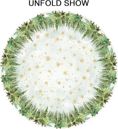 Sweetshow Winter Gold Snowflake Table Cloth Round Green Christmas Tree Tablecloth 60 Inch Winter Decor Washable Stain and Wrinkle Resistant Round Table Cover for Dining Party Picnic