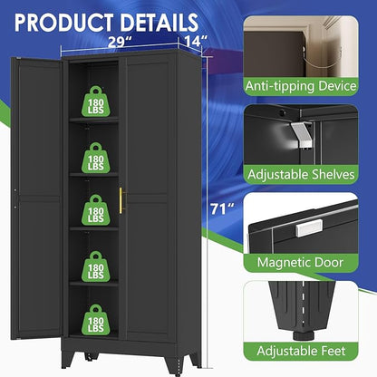 71" Metal Garage Storage Cabinet with 2 Doors and 4 Adjustable Shelves,Metal Storage Cabinets,Steel Tool Cabinets for Home,Office,Garage,Warehouse (Black, 71''H x 29''W x 14''D)