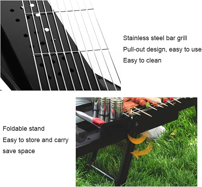 Grill for Outdoor Black Portable Barbecue Smoker Grill BBQ for Outdoor Cooking Camping Hiking Party Cold Rolled Iron Charcoal Grill Set，34.3"×7.9"×14.4" Barbecue Grill