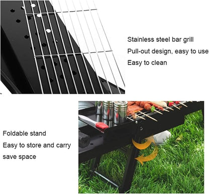 TEmkin Portable BBQ Grill Black Portable Barbecue Smoker Grill BBQ for Outdoor Cooking Camping Hiking Party Cold Rolled Iron Charcoal Grill Set,34.3"×7.9"×14.4" BBQ Grill Utensils for Bar