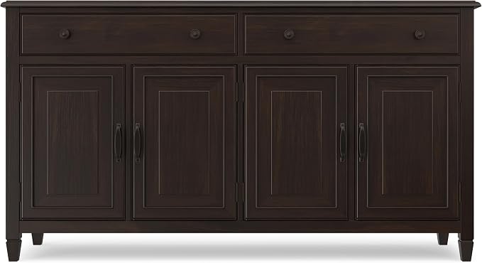 SIMPLIHOME Connaught 67" Sideboard Cabinet in Dark Chestnut Brown | Traditional 4-door dining room buffet with 2 drawers and adjustable shelves for organized kitchen or living room storage.