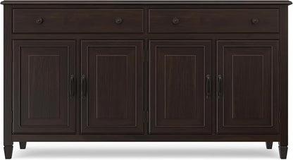 SIMPLIHOME Connaught 67" Sideboard Cabinet in Dark Chestnut Brown | Traditional 4-door dining room buffet with 2 drawers and adjustable shelves for organized kitchen or living room storage.