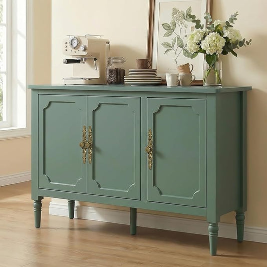 RoyalCraft Buffet Sideboard with 3 Doors, Mid-Century Sideboard Cabinet with Adjustable Shelves, Wood Buffet Cabinet with Turned Legs, Accent Cabinets for Entryway, Living Room, Dining Room, Green