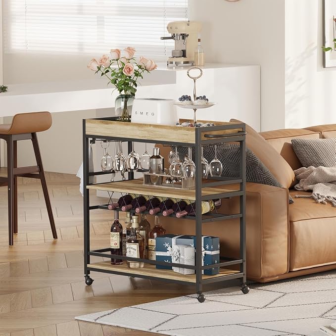 Bar Cart for The Home, Bar Serving Carts on Wheels, 3 Tier Storage Drink Trolley, Rolling Wood and Metal Liquor Beverage Cart (Vintage Oak)