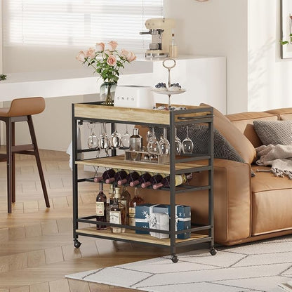 Bar Cart for The Home, Bar Serving Carts on Wheels, 3 Tier Storage Drink Trolley, Rolling Wood and Metal Liquor Beverage Cart (Vintage Oak)