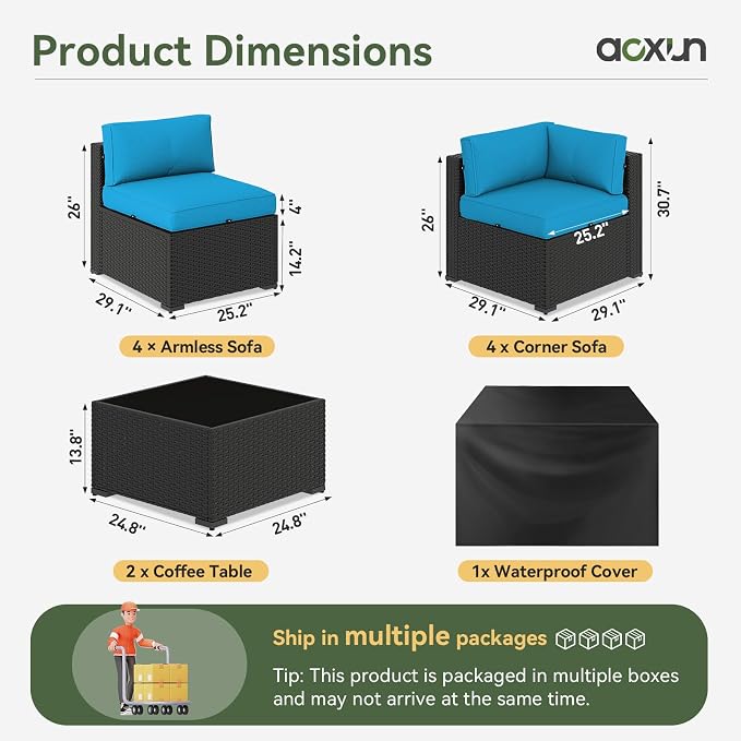 Aoxun 10 Piece Patio Furniture Set Wicker Rattan Patio Sectional Sofa Set Outdoor Seating Furniture with Thickened Cushion, Peacock Blue