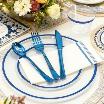 AIRE 350PCS Blue Plastic Plates for Party Supplies Dinnerware Sets for 50 Guests, Disposable Plastic Party Plates Cups Spoons Forks Knives Napkins for Birthday Wedding BBQ Christmas Parties, Blue