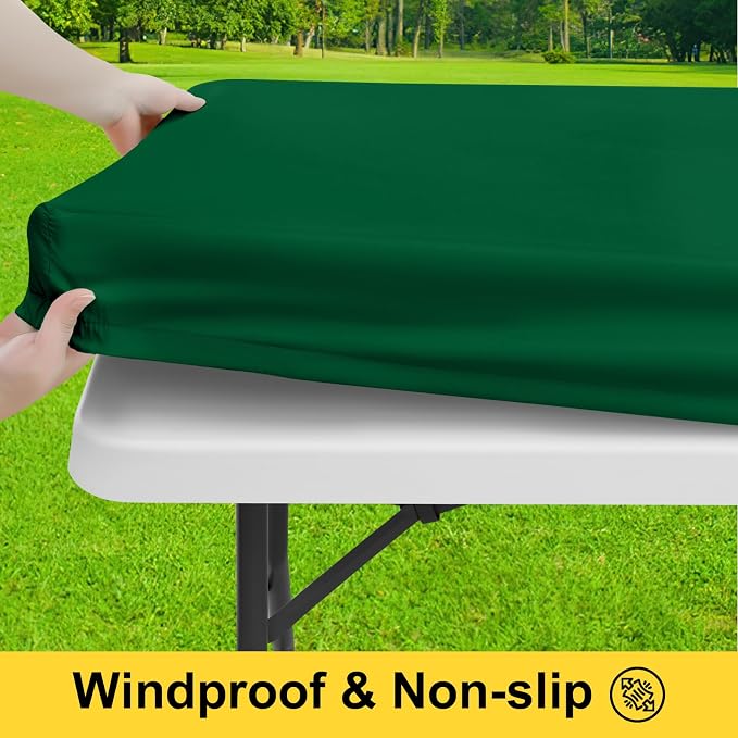 Smiry Picnic Table Cover with Bench Covers, Waterproof Elastic Fitted Polyester Tablecloths for 8 Ft Rectangle Tables, Washable Windproof Tablecloth for Outdoor, Camping (Emerald Green, 30x96 Inches)