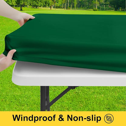 Smiry Picnic Table Cover with Bench Covers, Waterproof Elastic Fitted Polyester Tablecloths for 8 Ft Rectangle Tables, Washable Windproof Tablecloth for Outdoor, Camping (Emerald Green, 30x96 Inches)