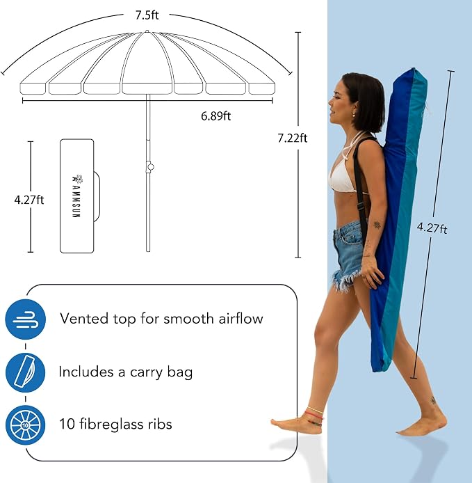 AMMSUN 7.5ft Large Heavy Duty HIGH Wind Beach Umbrella with sand anchor & Tilt Sun Shelter, UPF 50+ Protection Outdoor Umbrellas Sunshade with Carry Bag for Patio Garden Pool Backyard Rainbow