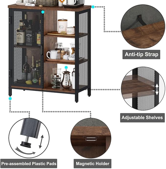 Coffee Bar Cabinet for Home Liquor, Small Storage Cabinet for Kitchen and Entryway, Farmhouse Industrial Buffet Sideboard Credenza with Adjustable Shelves (Rustic Oak)