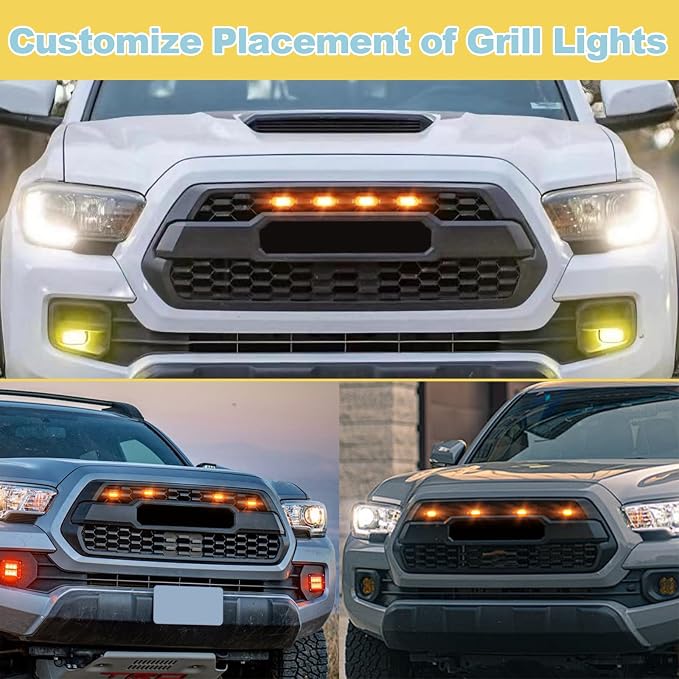 After Market TRD-Pro Grill Lights Emblem for 2015-2023 Toyota Tacoma | 5pcs led,Amber Led,Black Color +Grille Emblems tacoma