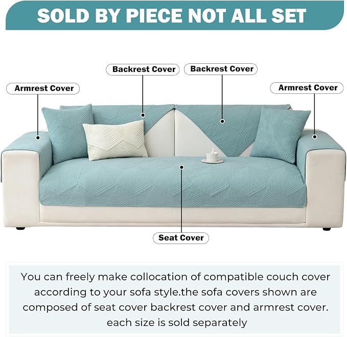 vctops Cotton Quilted Couch Covers for Sectional Sofa (Blue,36"x36") | Geometric Washable Non Slip Sofa Slipcover for Dogs, Children, Pets Furniture Protector Cover