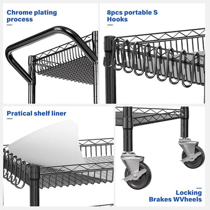 YNN Black Utility Rolling Cart,990Lbs 3 Tier Heavy Duty Metal Cart with Wheels & Handle NSF Wheeled Cart 31" D x 18" W x 33" H for Bedroom, Bathroom, Kitchen,Garden,Decor,Serving