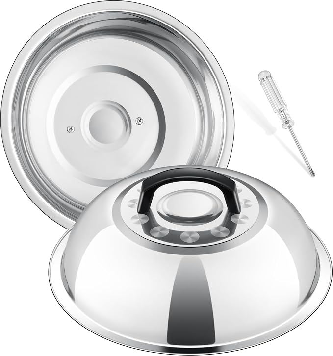 11.4 Inch Cheese Melting Dome, HaSteeL Round Stainless Steel Basting Steaming Cover, Metal Griddle Lid for Indoor & Outdoor Cooking Grilling, Non Toxic & Rust Free, Dishwasher Safe, Plus a Screwdriver