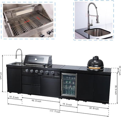 118" Outdoor Kitchen Island,Propane BBQ Grill with Kamado Grill.72000 BTU. | Stainless Steel Grill with Side Burner,Rotisserie,Refrigerator,Sink,Granite Countertop,Storage Cabinets.Sleek Black Finish