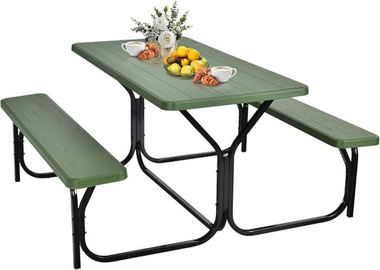 GYMAX Picnic Table, Picnic Bench Easy to Assemble w/All Weather Wood Grain Tabletop & Metal Frame, Picnic Tables for Outdoors Camping Backyard Deck Patio Poolside Dining Party