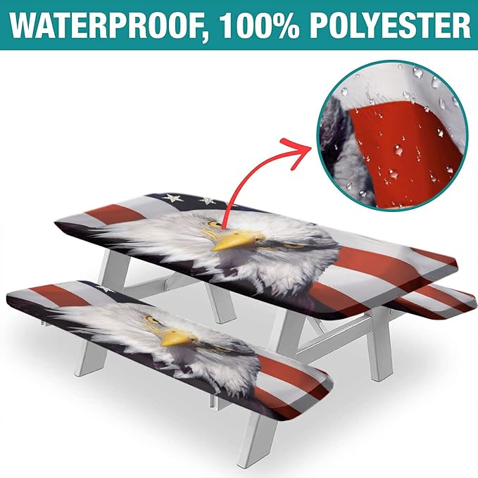 American Flag Picnic Fitted Tablecloth with Benches Covers, 4th of July USA Flag Elastic Edge Fitted Table Cover, 28x72 Inch, 3 Piece Set, for Summer Spring Picnics Dinner, Red Blue