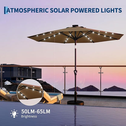 Garvee 9FT Solar Patio Umbrella Outdoor Umbrella with 32 LED Lights | Crank Lift, Push Button Tilt & 8 Sturdy Ribs, UV Resistant Waterproof Market Umbrella for Pool, Yard, Garden(Tan)