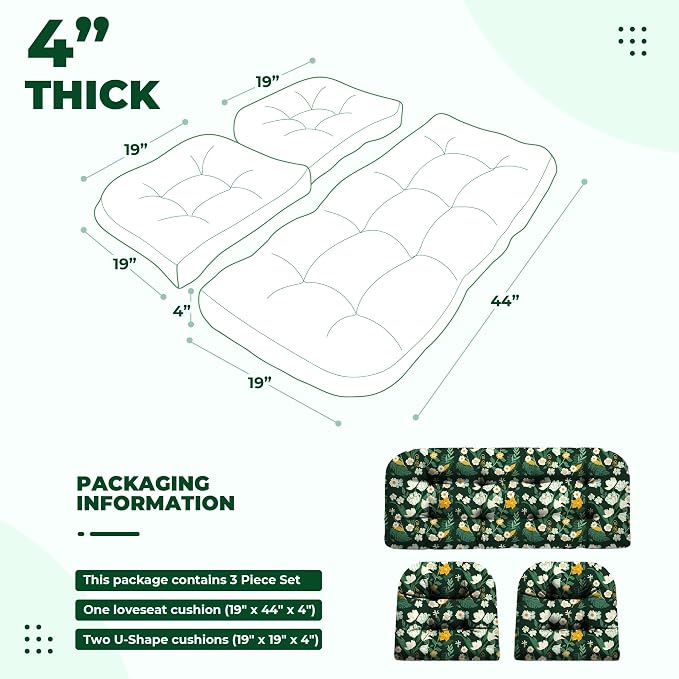 DANGHOOGY Wicker Chair Cushions, Waterproof Outdoor Loveseat Cushions for Patio Furniture, Tufted Wicker Furniture Cushions, 1 Loveseat and 2 U-Shaped Cushions (Green Floral)
