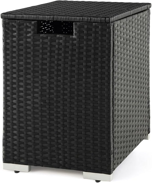 Tangkula Outdoor Propane Tank Cover Table, Patiojoy Wicker Hideaway Table for Gas Fire Pits, 20 lbs Propane Tank Storage Box, Outdoor Wicker Side Table & Propane Tank Holder (Black)