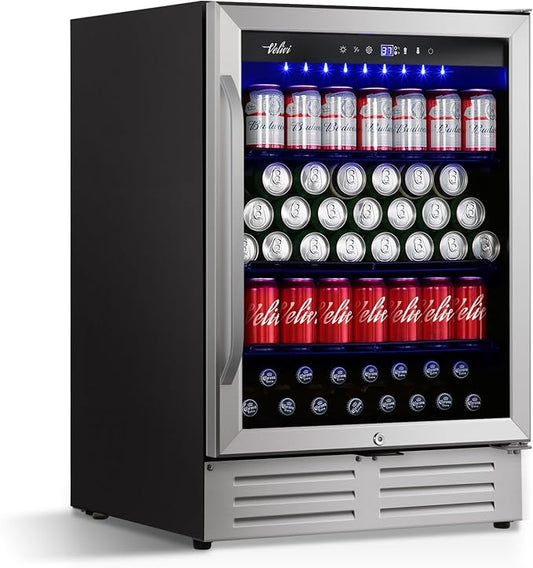 Velivi 24'' Beverage Refrigerator Cooler,168 Cans Beverage and Beer Fridge with Glass Door, Built-in/Freestanding Drink Fridge for Kitchen, Bar or Office, Stainless Steel Silver