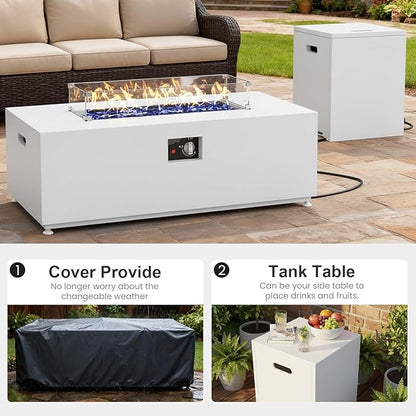 42" Propane Fire Pit Table Set with Tank Holder, Rectangle 2-Piece Outdoor Firepit Wind Guard, Lid, Glass Stones and Cover