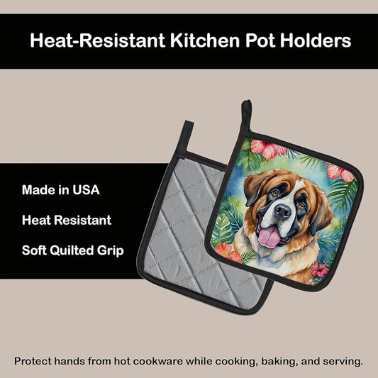 Caroline's Treasures Saint Bernard Luau Pair of Pot Holders Kitchen Heat Resistant Pot Holders Sets Oven Hot Pads for Cooking Baking BBQ, 7 1/2 x 7 1/2