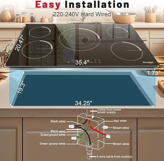 36 Inch Electric Cooktop - Built-in(34.25"x19.3") 36 Inch Electrical Stove 240V, 9200W Five Burner Ceramic Cooktop, Slide-Touch Control, Timer, Safety Lock, Electric Stovetop, 220V Hard Wired