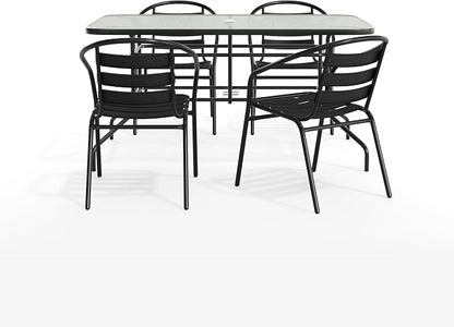 Flash Furniture Lila 5 Piece Patio Dining Set - 55" Tempered Glass Patio Table with Umbrella Hole - 4 Black Metal Aluminum Slat Stack Chairs