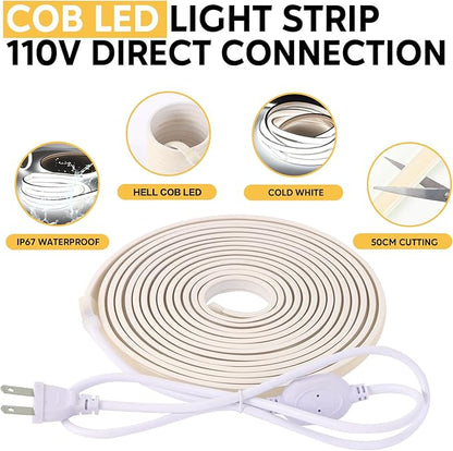 110V Outdoor Waterproof LED Strip Lights Cool White 6000K, 3m 9.84ft COB Light Strip for Outdoor, Kitchen, and Cabinets (Cold White, 9.84ft)