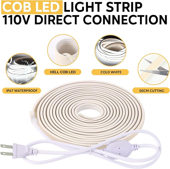 Ip67 Waterproof LED Light Strip 5M 6000K Cold White LED Rope Lights Cuttable COB LED Strip for Kitchen and Bathroom (Cold White, 16.4ft)